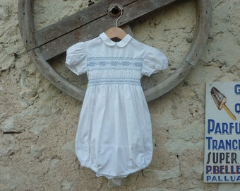 vintage 1950s French Baby Romper with Smocks White Cotton Handmade