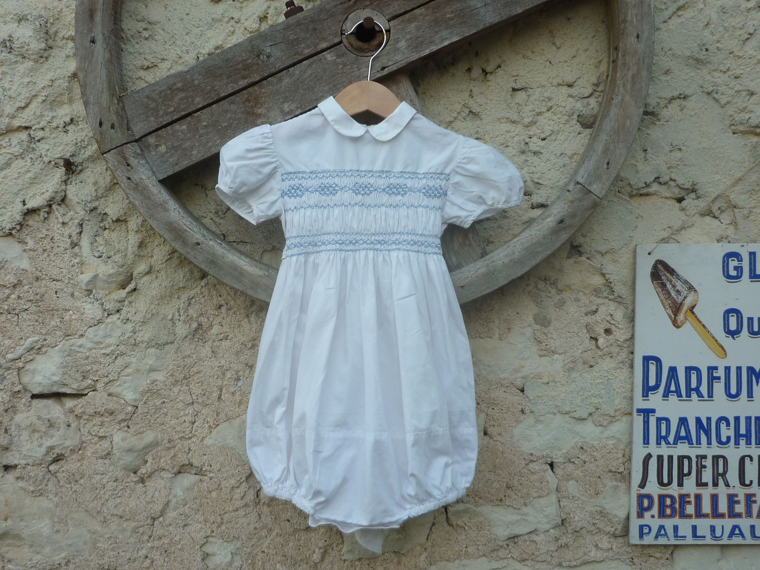 Vintage 1950s French Baby Romper with Smocking White Cotton Handmade
