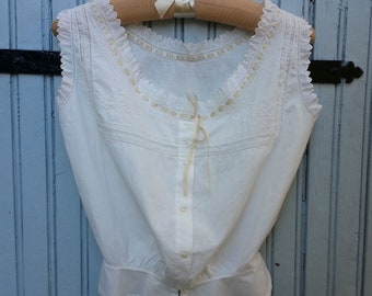 Antique French Camisole Cache Corset with Monogram AMF Embroidered Bodice Cotton Handmade