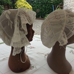 Lot of 2 Antique French Women&#39;s Traditional Handmade Embroidered Bonnets for Repair Study or Display