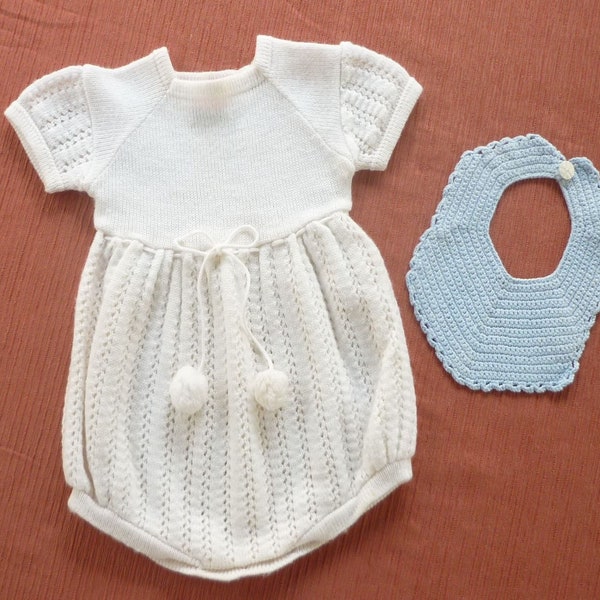 Vintage 1950s French Knitted Baby Romper & Crochet Bib