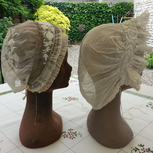 2 Antique French Women&#39;s Traditional White Handmade Embroidered Bonnets including a Mourning Coiffe for Repair Study or Display