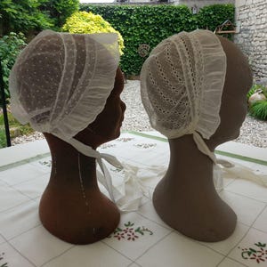 Lot of 2 Antique French Women&#39;s Net Bonnets Coiffes Handmade with Very Finely Pleated Front Frill