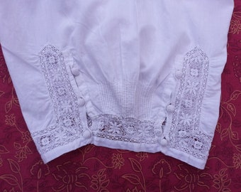 Antique French Bloomers Stunning Detail Trousseau Quality White Cotton All Hand-stitched Closed Crotch