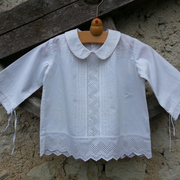 Vintage French Fancy Infant Baby Blouse White Cotton Handmade