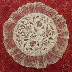 Antique French Off-White Embroidered Traditional Bonnet Back Fond de Coiffe Handmade with Lace Border