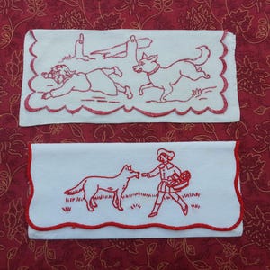 Lotto di 2 porta tovaglioli vintage francesi in lino e cotone ricamati, fazzoletti fatti a mano, piccoli contenitori per lingerie o gioielli
