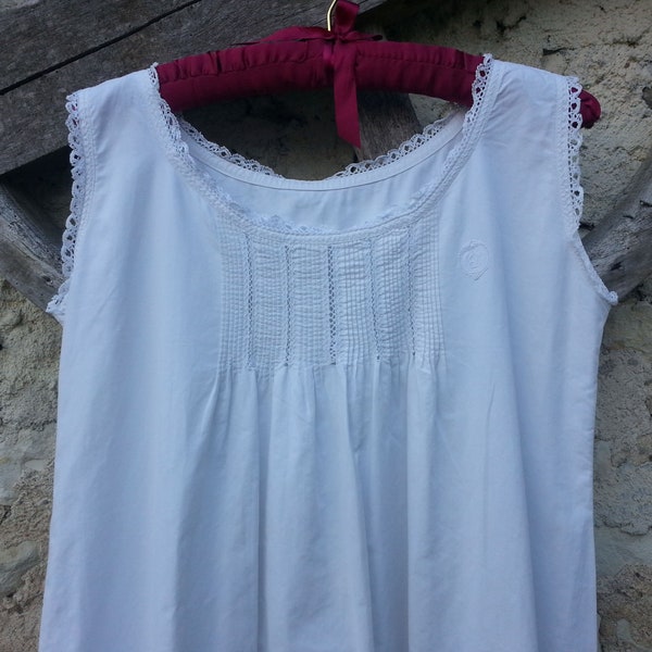 Antique French White Cotton Chemise Slip Nightdress Monogram CJ c.1910s