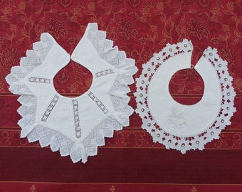 Lot of 2 Antique French Baby Bibs White Cotton Hand Embroidered Lovely for Christening  Baptism Heirloom Baby Gift