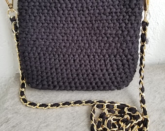 REDUCED!  Hand crocheted black cotton dressy crossbody bag with gold hardware, evening bag