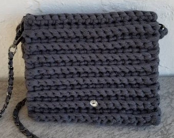 REDUCED! Hand crocheted charcoal shoulder bag with chain strap converts to clutch