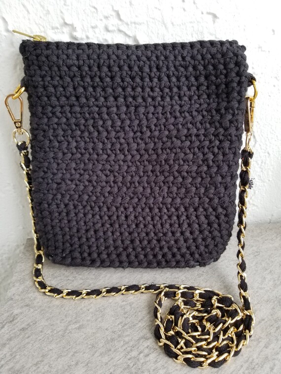 REDUCED Hand Crocheted Black Cotton Dressy Crossbody Bag With Gold
