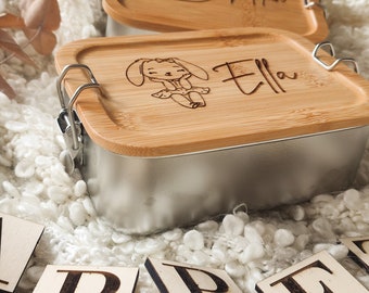 Personalisierte Lunchbox – Edelstahl Brotdose mit Bambusdeckel für Kinder
