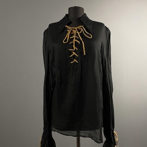 Rare Vintage Dolce Gabbana D&G Womens Black Lightweight Transparent Cotton Silk suede Ties Neck Long Sleeve Button Down Shirt Blouse Size L