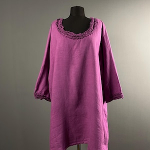 Grizas Women Pink Pure Linen Ruched Neck Lagenlook Long Shift Dress Tunic Size M