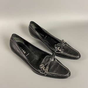 PRADA Black Bow & Buckle Stitched Kitten Shoes Heels Eu 38.5 Uk 5.5 Us 7.5
