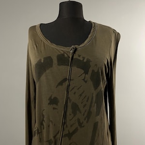 Rundholz Dip Womens Khaki Grün Bedruckte Baumwolle Asymmetrische Lagenlook Kleid Tunika Größe S
