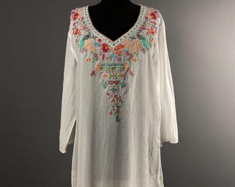 Johnny Was Biya JWLA White Embroidered Floral Boho Tunic Top Blouse Shirt Size M