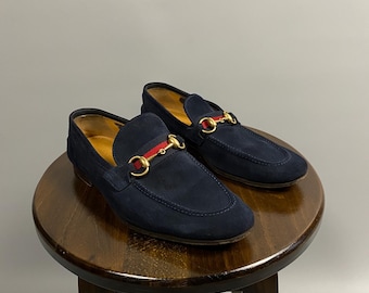Rare Vintage Gucci Womens Navy Blue Suede Gold Toned Horsebit Low Heel Loafers Shoes Size 5 EU 35.5 UK 3 US 5