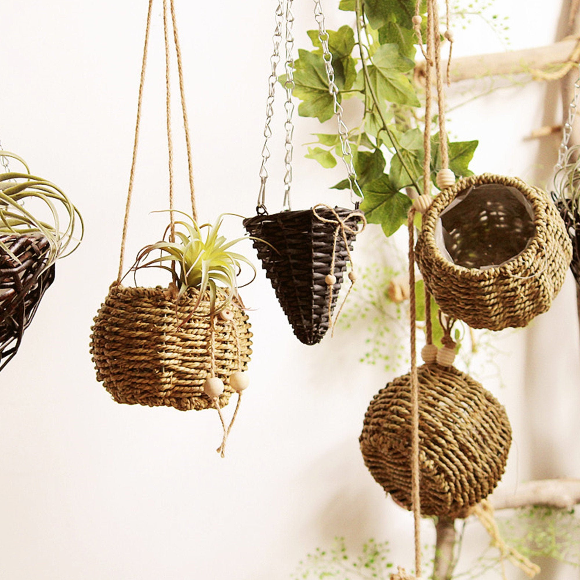 Natural Straw Woven Hanging Flower Basket Handmade Vegetation Etsy
