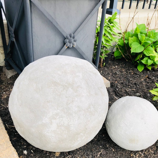 Concrete ball handcrafted/molded 12 inches in diameter (approx), for rustic aesthetic indoor home and outdoor garden