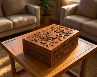 Oak leaf carved Box/Retirement gift/Boho Decor/minimalist decor/Jewellery floral/for her/ for him/love gift/boho decor/Oak leaf carving