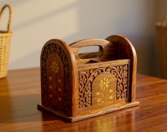 Remote control holder/ wooden gifts/ remote caddy/adults gift/Phone Holder/ boho chic design/flower carved/ floral brass designBoho Decor