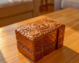 Wooden carved floral mystery jewellery box anniversary birthday gift jewelry box Keepsake box trinket box Boho Hippie decor Wooden gifts