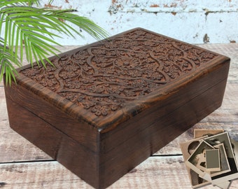 Wooden box/Jewellery Box/Floral carved gift box/floral carved box/carved/Wooden gifts/keepsake box/boho chic design/Boho Decor