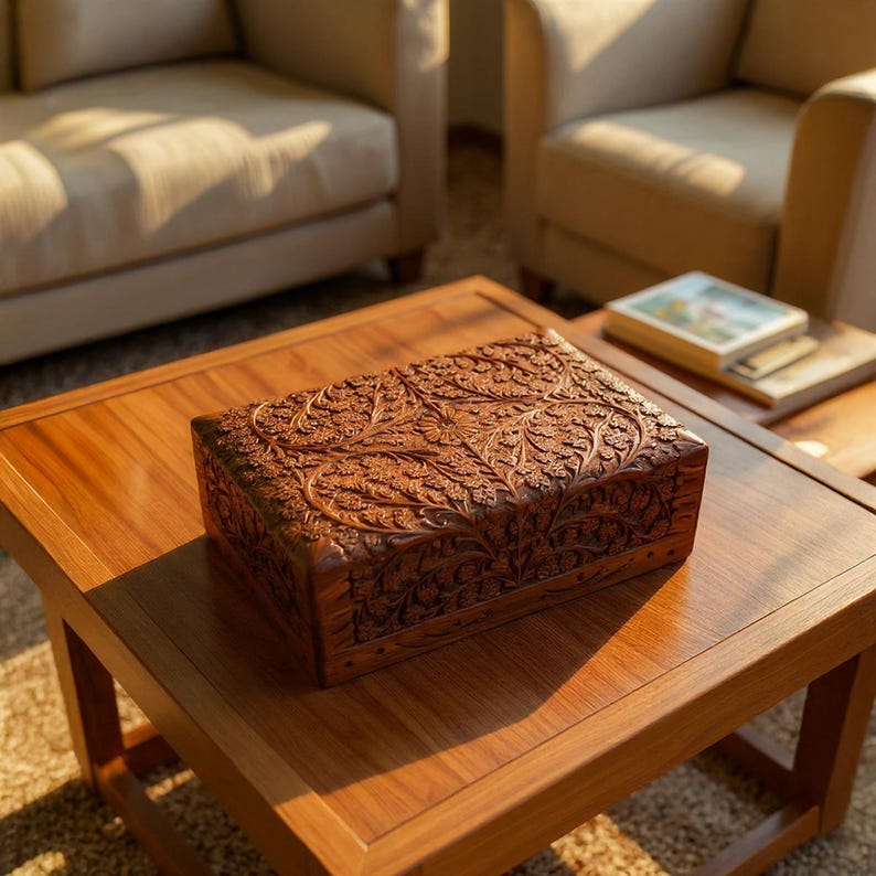 Caja de madera/Regalo para novia/Regalo para esposa/Joyero/Decoración boho/Recuerdo floral tallado ornamentado/Regalos de madera/Forro de terciopelo/Margarita/ imagen 1
