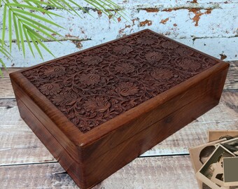 Brass Inlaid Hand Carved Wood Trinket Box India 4 styles Moon Stars Floral 