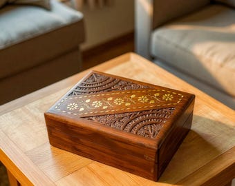 Wooden box/Jewellery Box/Boho Decor/hippie decor/Minimalist decor/floral carved inlaid design/for her/ anniversary gift/boho chic design/