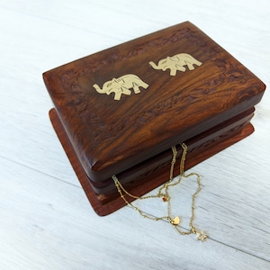 Wooden Box/Jewellery box/Boho Decor/hippie decor/2 Elephants Brass Inlaid treasure box Secret Lock/secret lock/decorative/Wooden gifts/