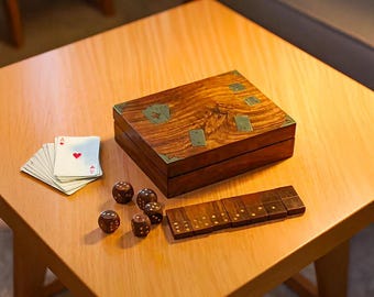 Game box/ set/for  granddad/ wooden game/Boho Decor/hippie decor/dominoes set/Dice set/with cards/Wooden gifts/adult gifts/kids gift