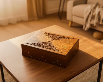 Mothers day gift/large wooden Box/Boho decor/hippie decor/minimalist/Jewellery/floral/for Mum/ for him/unique gift/chic design/Carved inlaid