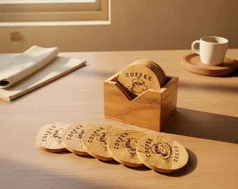 Rustic Wooden Coffee Coaster Set with Holder|Engraved Coffee Break Design|Handmade Gift for Coffee Lovers|Set of 6|Houseware Gift|