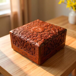 Wooden box/Jewellery box/Boho decor/hippie decor/Square carved trinket box/ broach holder/Wooden gifts/for mum/ for sister