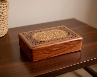 Wooden floral carved jewelry box inlaid box Boho decor self care gift box