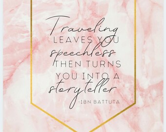 Ibn Battuta Travel Quote Print | Pink Marble, Gold World Map (Digital Download)