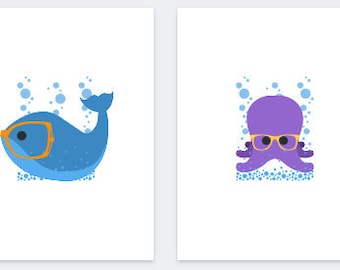 Ocean Animals with Glasses Art Prints | Pediatric Office Decor (Digital Download)