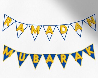 Printable Ramadan Mubarak Banner Pennant Flags Bunting | Ramadan Iftar Party | Blue Gold Balloon Print