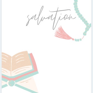 May include: A white background with the word "salvation" written in gray cursive script. An open book with pink and blue pages is in the bottom left corner. A light blue prayer bead necklace with a pink tassel hangs from the top right corner.