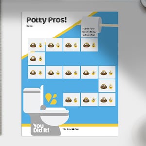 May include: A blue and yellow printable potty training chart with a cartoon toilet and poop emojis. The chart has the text "Potty Pros!" and "Circle Your Way To Being A Potty Pro!" and "You Did It!" The Grand Prize: