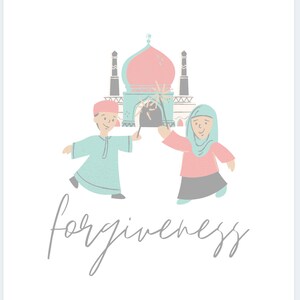 May include: Two children, one wearing a blue and white outfit and the other wearing a pink and grey outfit, stand in front of a mosque. They are holding a sparkler and the word "forgiveness" is written below them.