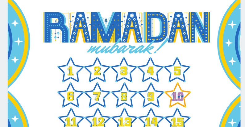 May include: A blue and yellow Ramadan Mubarak countdown calendar with 15 stars, each with a number from 1 to 15. The stars are arranged in three rows of five stars.