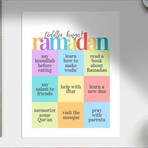 May include: A colorful bingo card with the title "toddler bingo: ramadan". The card has nine squares with activities related to Ramadan, such as "say bismillah before eating", "learn how to make wudu'" and "read a book about Ramadan".