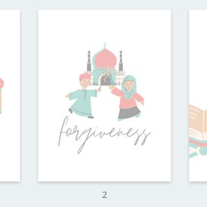 May include: Three illustrated cards with a white background. The first card features two pink and green lanterns hanging from the ceiling with the word "mercy" written in cursive. The second card features a mosque with two people in front of it and the word "forgiveness" written in cursive. The third card features a book with a green cover and a string of beads with a pink tassel. The word "salvation" is written in cursive.