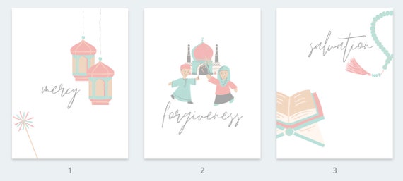 Pastel Ramadan Decor Printable | Ramzan Ramadhan Iftar Decoration | Islamic Holiday Greeting | Mercy Forgiveness Salvation | Set of 3