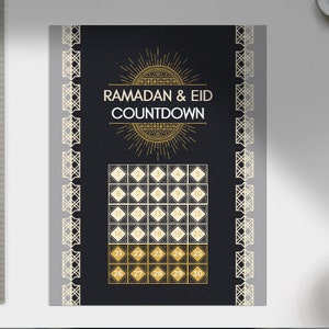 May include: A black and gold printable Ramadan and Eid countdown calendar with a decorative sunburst design. The calendar features 30 numbered squares.