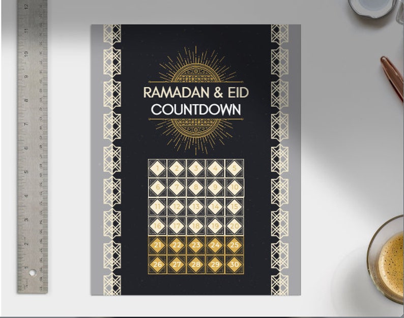 May include: A black and gold printable Ramadan and Eid countdown calendar with a decorative sunburst design. The calendar features 30 numbered squares.